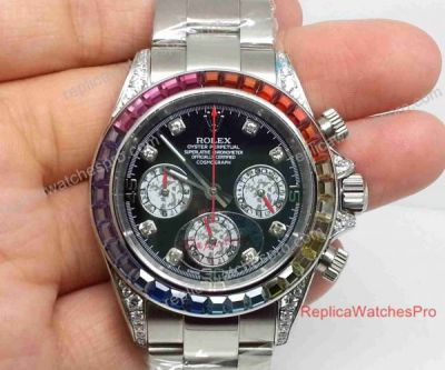 Fake Rainbow Daytona Diamond Bezel Black Dial Rolex Watch